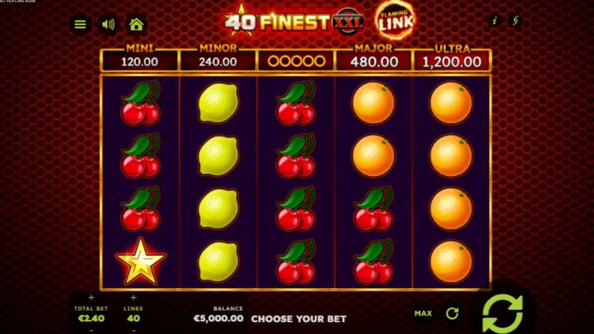 Tampilan visual slot 40 Finest XXL Flaming Link dengan tema buah neon dan api