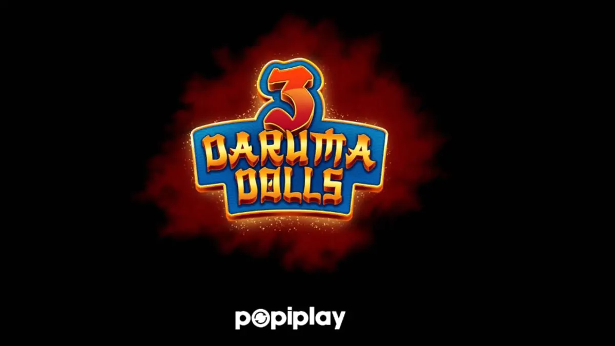 Tampilan visual slot 3 Daruma Dolls dengan latar belakang kuil Jepang yang mistis